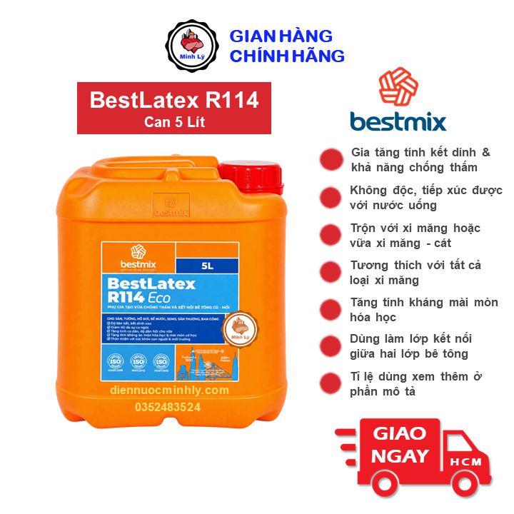 Can 5 Lít Phụ Gia Chống Thấm BestLatex R114 Và Tác Nhân Kết Nối Cho Vữa và Bê Tông