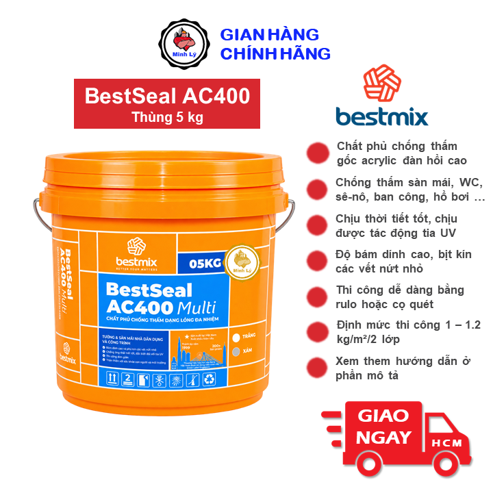 Thùng 5kg BestSeal AC400 Chống Thấm Đàn Hồi Cao Co-polymer Sàn Mái WC Bể Nước