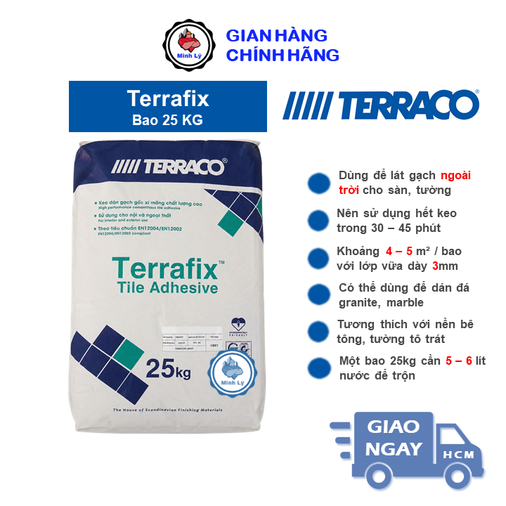 Bao 25kg Keo Dán Gạch Ngoại Thất TERRAFIX Hãng Terraco – Màu Xám, Kháng Nước